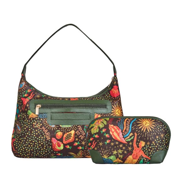 Green Costal Print Sling Hobo & Cosmetic Bag Set for Women– Fabric Shoulder Bag - Picture 5 of 5